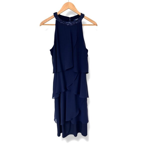 CHAPS New $120.00 Navy Blue Tiered Chiffon Embellished Dress Evening Wedding NWT - Picture 4 of 8